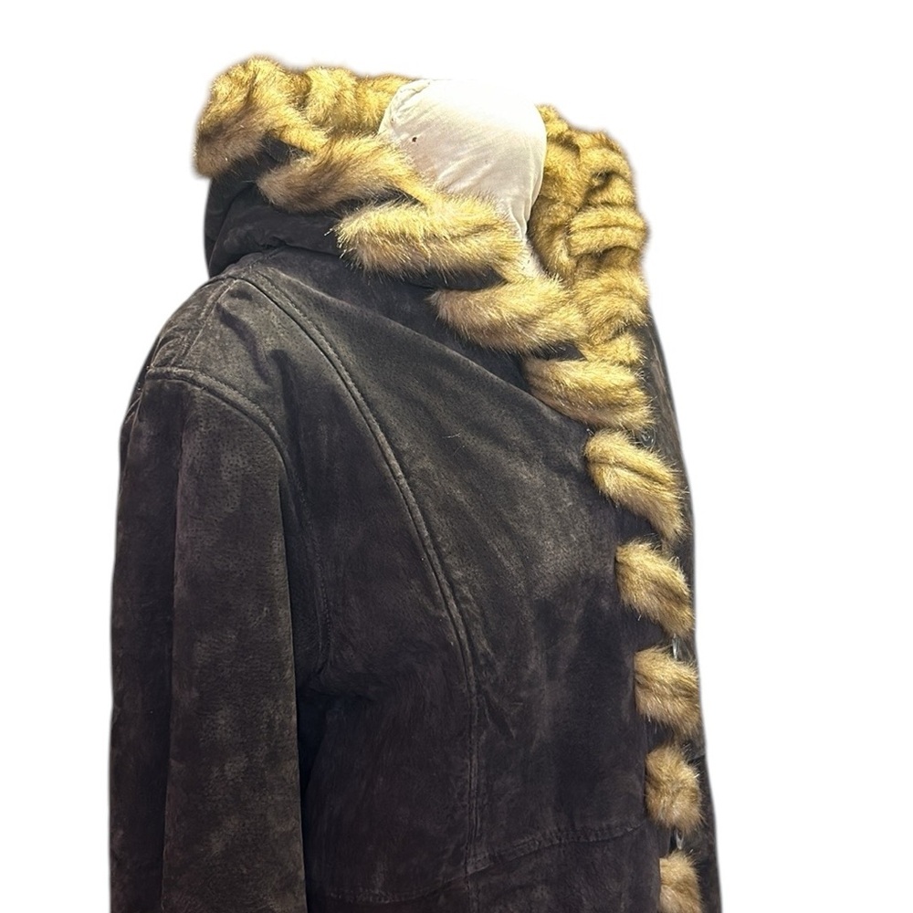 NWOT Vintage Dennis Basso Penny Lane Brown Leather Woven Faux‎ Fur Coat L - Picture 7 of 14